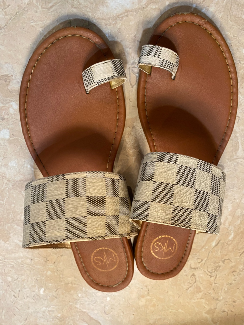 MSK Tan Footbed with Cream Check Strap Toe-Loop Slide Sandals